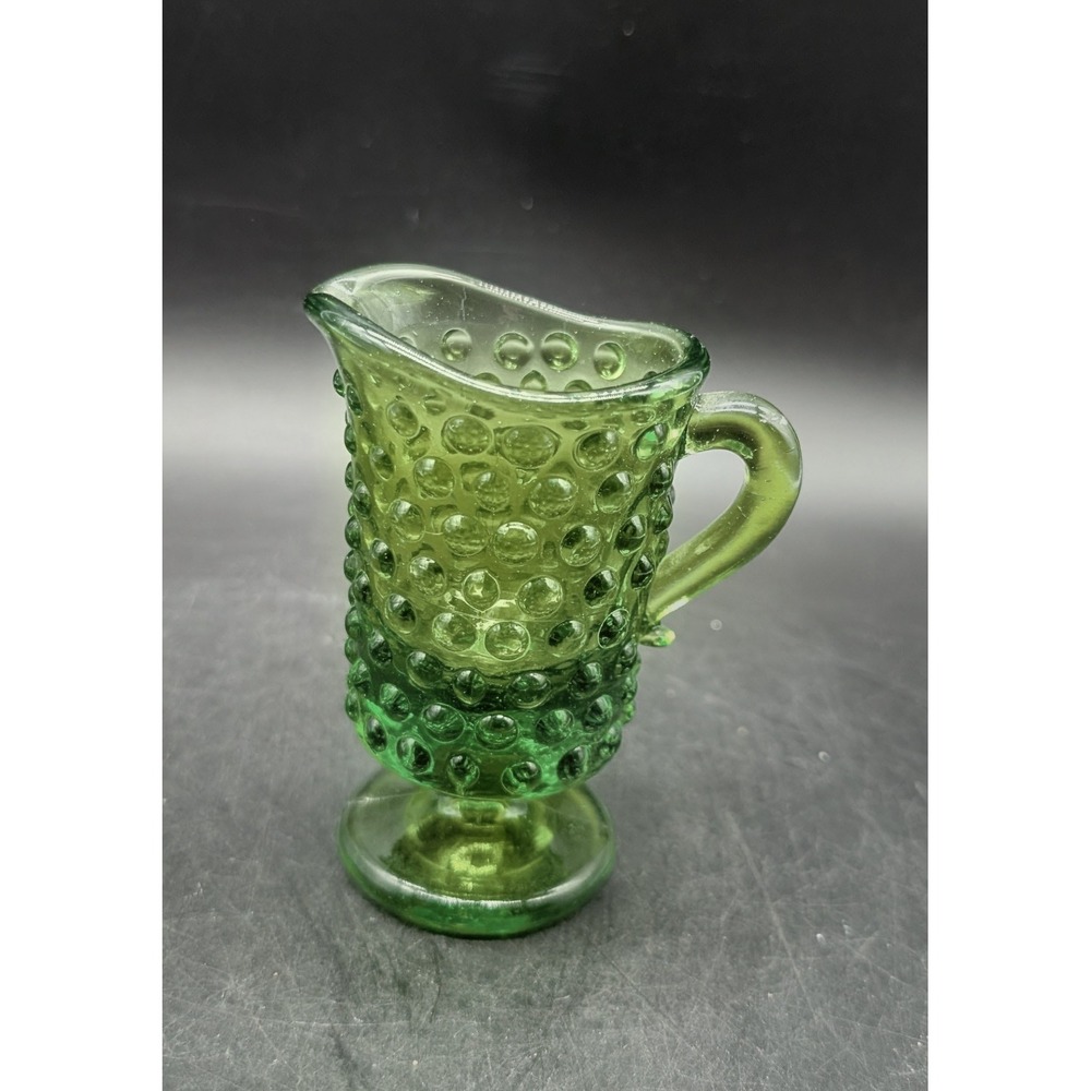 Vintage Green Hobnail Glass Creamer Footed Mini Pitcher Pressed Glass 3" UV Glow